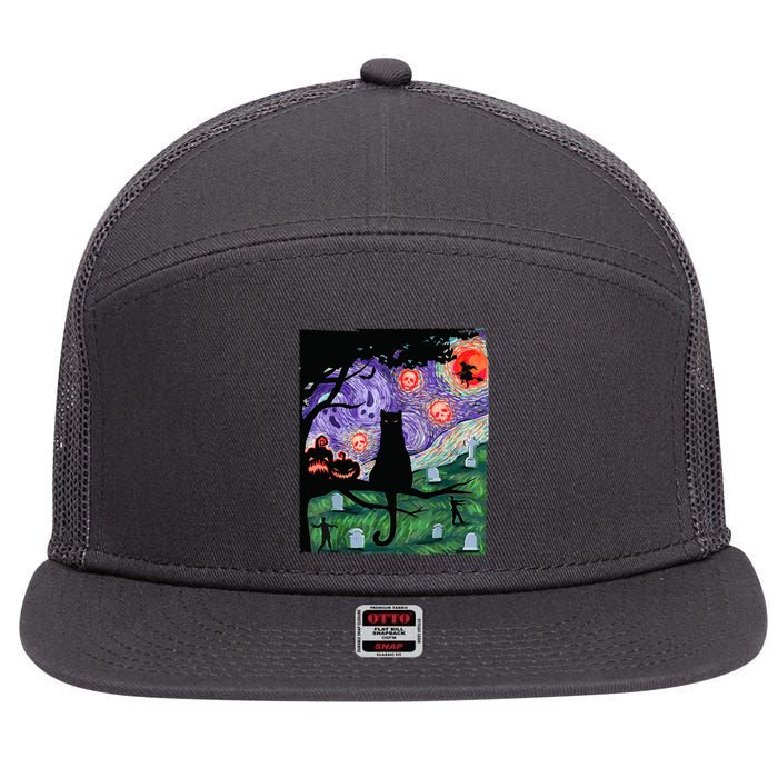 Spooky Cat Art Painting Halloween 7 Panel Mesh Trucker Snapback Hat