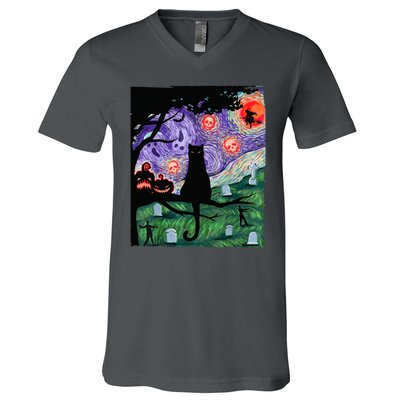 Spooky Cat Art Painting Halloween V-Neck T-Shirt