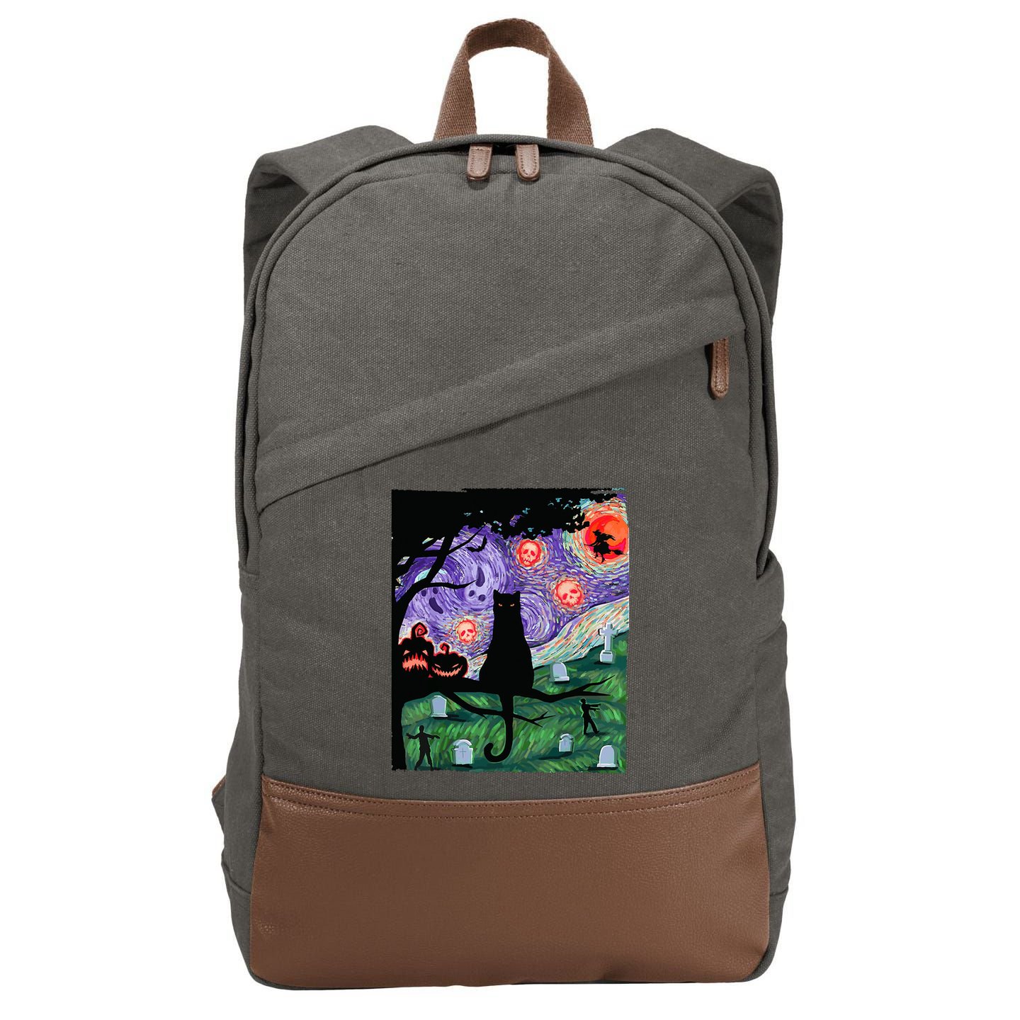Spooky Cat Art Painting Halloween Cotton Canvas Backpack