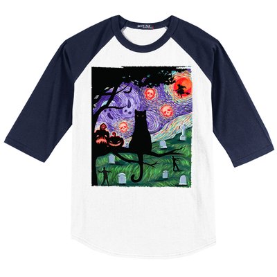 Spooky Cat Art Painting Halloween Baseball Sleeve Shirt