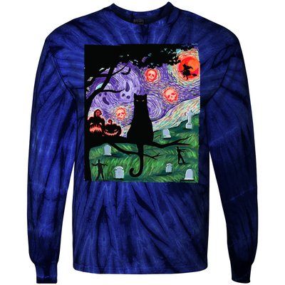 Spooky Cat Art Painting Halloween Tie-Dye Long Sleeve Shirt