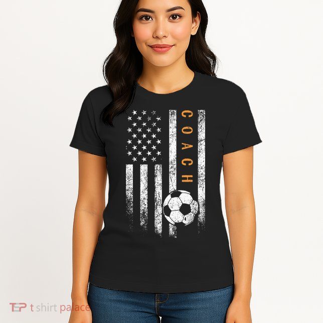 Soccer Coach American Flag Design Soccer Trainer Coaching Womens T-Shirt