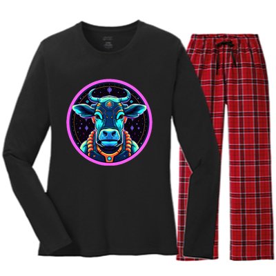 Space Cow Astronaut Funny Cosmic Galaxy Animals Women's Long Sleeve Flannel Pajama Set 