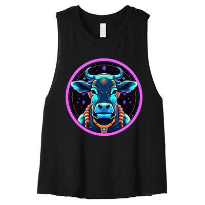 Space Cow Astronaut Funny Cosmic Galaxy Animals Women's Racerback Cropped Tank