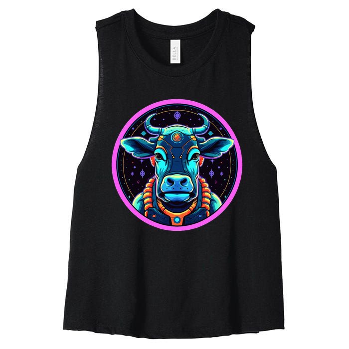 Space Cow Astronaut Funny Cosmic Galaxy Animals Women's Racerback Cropped Tank