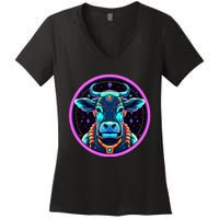 Space Cow Astronaut Funny Cosmic Galaxy Animals Women's V-Neck T-Shirt