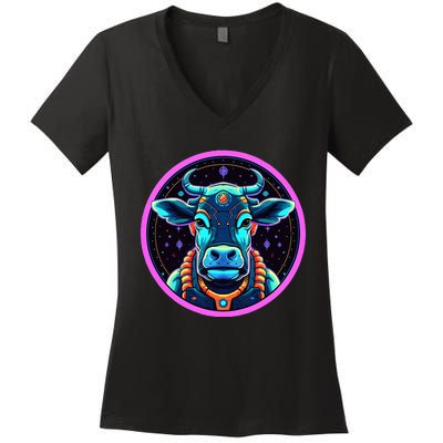 Space Cow Astronaut Funny Cosmic Galaxy Animals Women's V-Neck T-Shirt