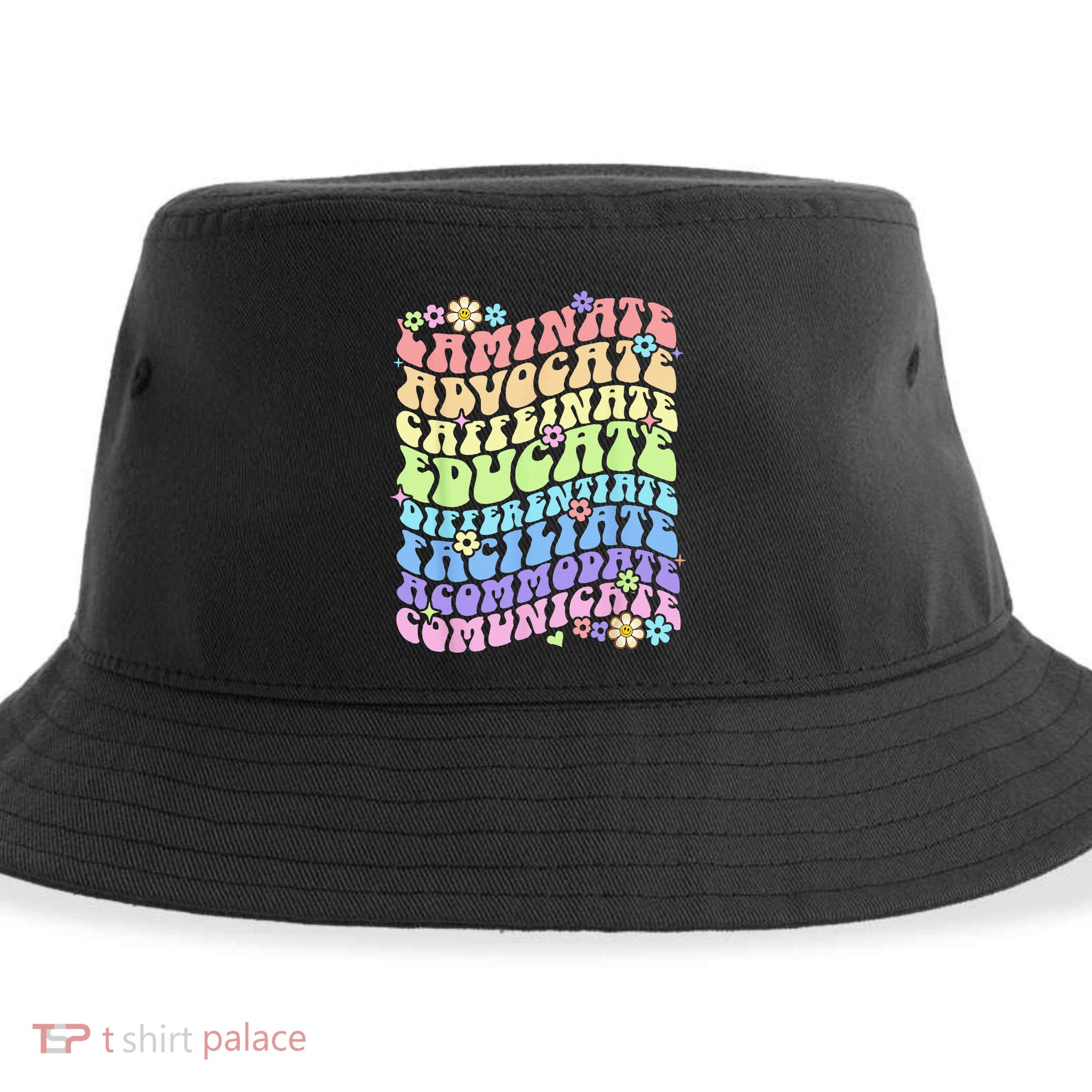 Sped Caffeinate Advocate Laminate Educate Groovy Teacher Sustainable Bucket Hat