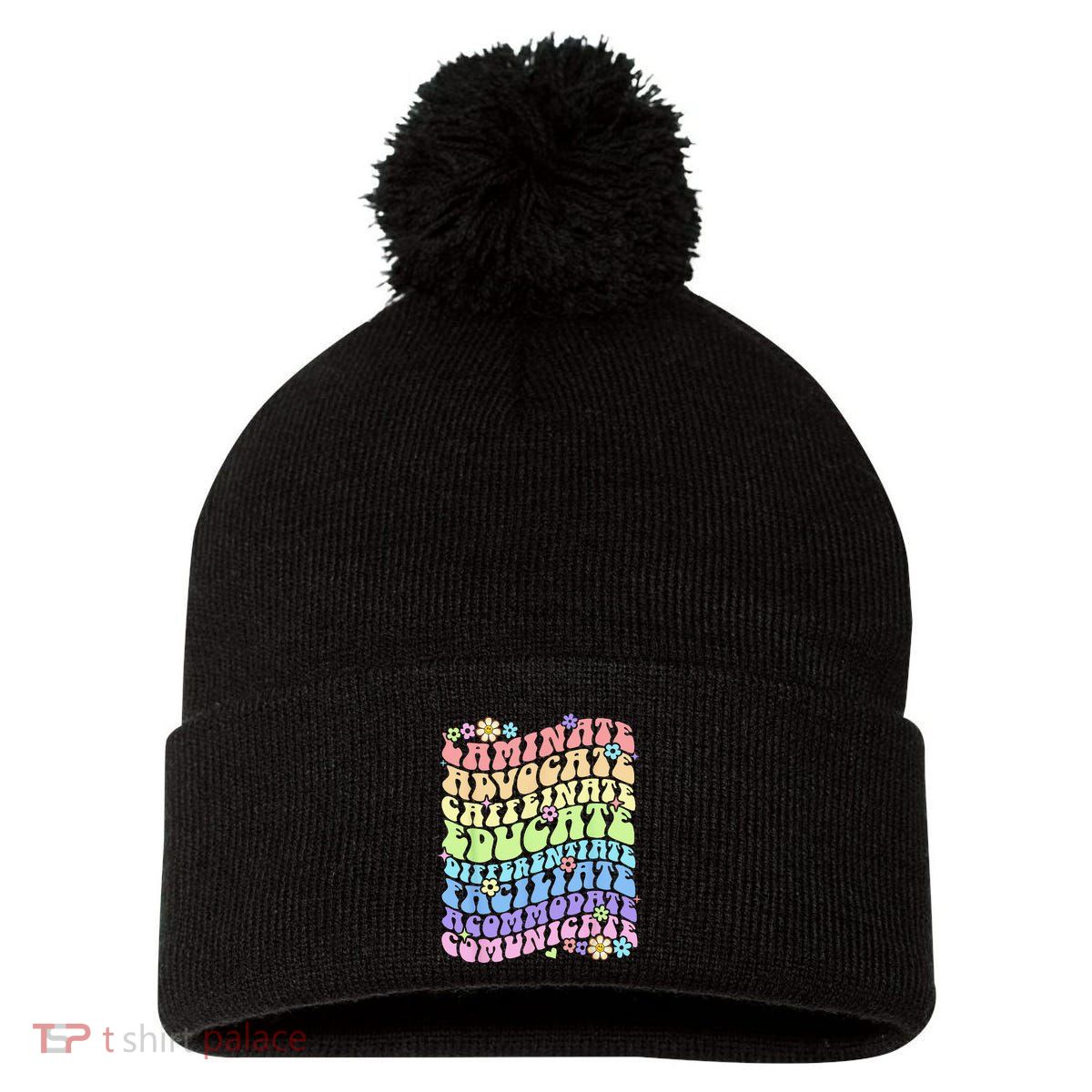 Sped Caffeinate Advocate Laminate Educate Groovy Teacher Pom Pom 12in Knit Beanie