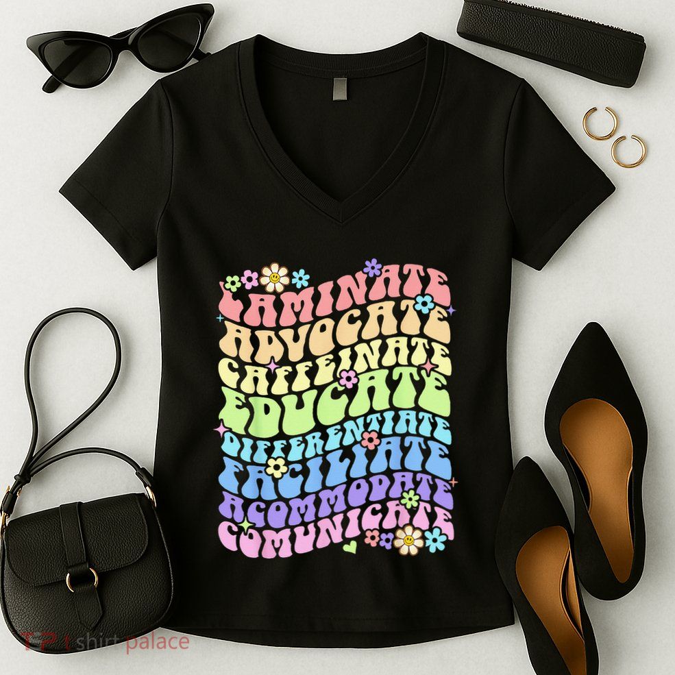 Sped Caffeinate Advocate Laminate Educate Groovy Teacher Women's V-Neck T-Shirt
