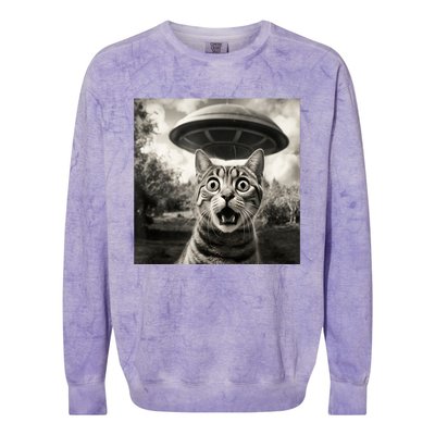 Surprised Cat And UFO Black And White Photo 1950s Alien Colorblast Crewneck Sweatshirt