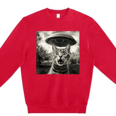 Surprised Cat And UFO Black And White Photo 1950s Alien Premium Crewneck Sweatshirt