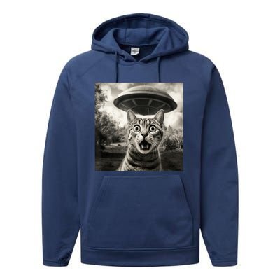 Surprised Cat And UFO Black And White Photo 1950s Alien Performance Fleece Hoodie