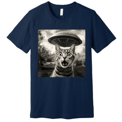 Surprised Cat And UFO Black And White Photo 1950s Alien Premium T-Shirt