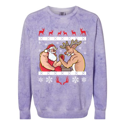 Santa Claus And Reindeer Arm Wrestling Ugly Christmas Cute Gift Colorblast Crewneck Sweatshirt