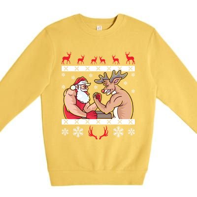 Santa Claus And Reindeer Arm Wrestling Ugly Christmas Cute Gift Premium Crewneck Sweatshirt