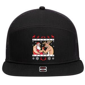 Santa Claus And Reindeer Arm Wrestling Ugly Christmas Cute Gift 7 Panel Mesh Trucker Snapback Hat