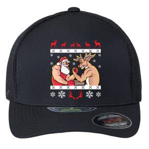 Santa Claus And Reindeer Arm Wrestling Ugly Christmas Cute Gift Flexfit Unipanel Trucker Cap