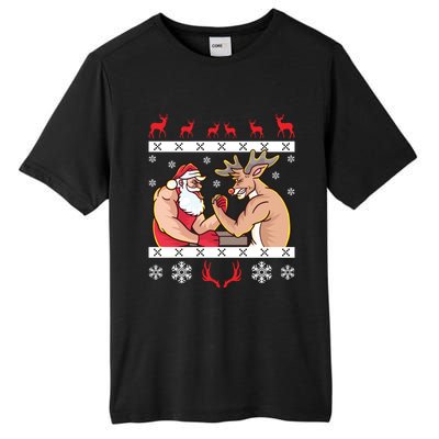 Santa Claus And Reindeer Arm Wrestling Ugly Christmas Cute Gift Tall Fusion ChromaSoft Performance T-Shirt