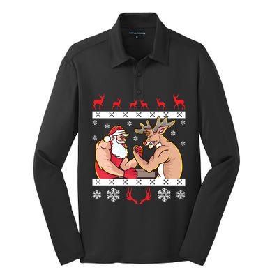 Santa Claus And Reindeer Arm Wrestling Ugly Christmas Cute Gift Silk Touch Performance Long Sleeve Polo