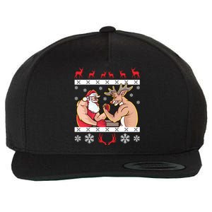 Santa Claus And Reindeer Arm Wrestling Ugly Christmas Cute Gift Wool Snapback Cap