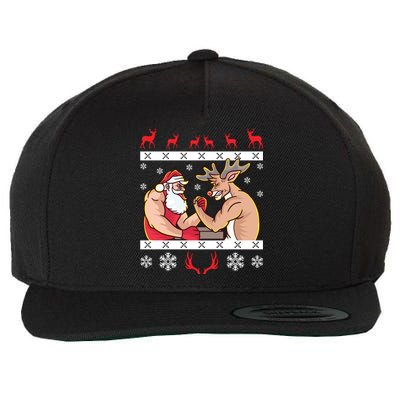 Santa Claus And Reindeer Arm Wrestling Ugly Christmas Cute Gift Wool Snapback Cap