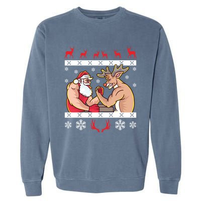 Santa Claus And Reindeer Arm Wrestling Ugly Christmas Cute Gift Garment-Dyed Sweatshirt