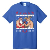 Santa Claus And Reindeer Arm Wrestling Ugly Christmas Cute Gift Tall T-Shirt