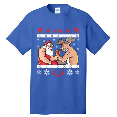 Santa Claus And Reindeer Arm Wrestling Ugly Christmas Cute Gift Tall T-Shirt