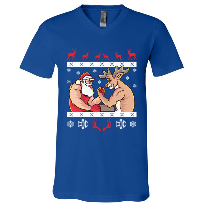 Santa Claus And Reindeer Arm Wrestling Ugly Christmas Cute Gift V-Neck T-Shirt