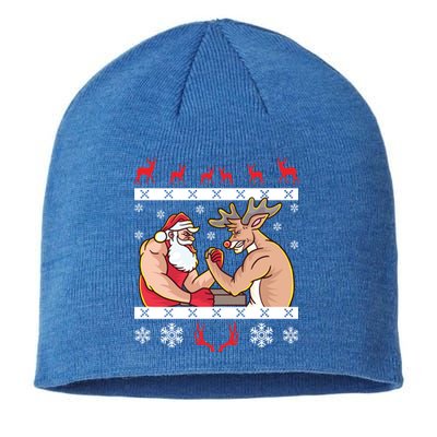 Santa Claus And Reindeer Arm Wrestling Ugly Christmas Cute Gift Sustainable Beanie