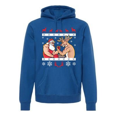 Santa Claus And Reindeer Arm Wrestling Ugly Christmas Cute Gift Premium Hoodie