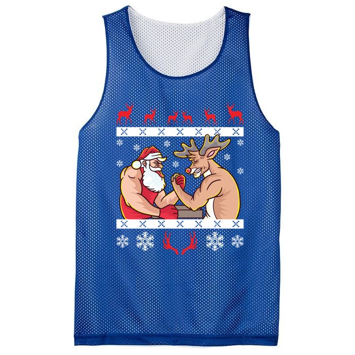 Santa Claus And Reindeer Arm Wrestling Ugly Christmas Cute Gift Mesh Reversible Basketball Jersey Tank