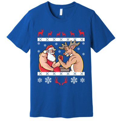 Santa Claus And Reindeer Arm Wrestling Ugly Christmas Cute Gift Premium T-Shirt