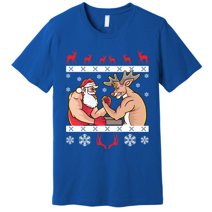 Santa Claus And Reindeer Arm Wrestling Ugly Christmas Cute Gift Premium T-Shirt