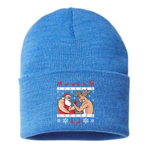 Santa Claus And Reindeer Arm Wrestling Ugly Christmas Cute Gift Sustainable Knit Beanie