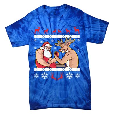 Santa Claus And Reindeer Arm Wrestling Ugly Christmas Cute Gift Tie-Dye T-Shirt