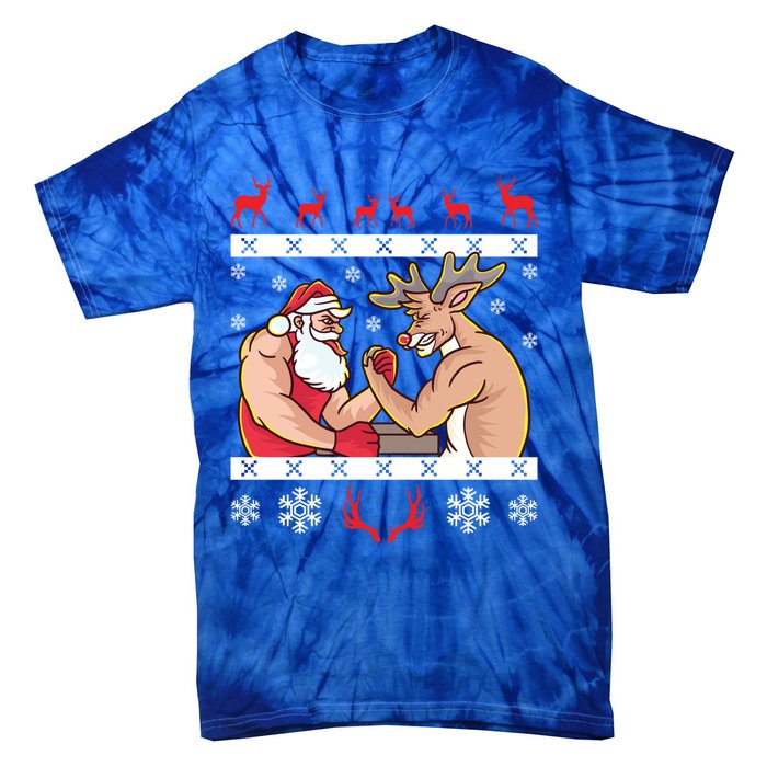 Santa Claus And Reindeer Arm Wrestling Ugly Christmas Cute Gift Tie-Dye T-Shirt