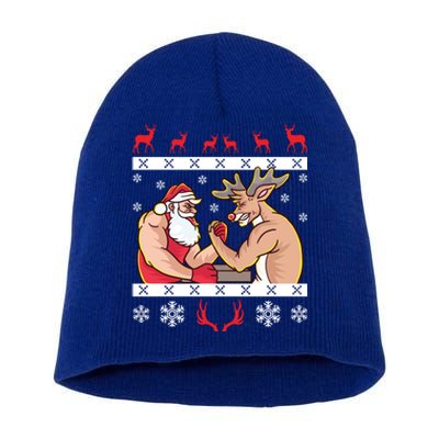 Santa Claus And Reindeer Arm Wrestling Ugly Christmas Cute Gift Short Acrylic Beanie