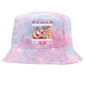 Santa Claus And Reindeer Arm Wrestling Ugly Christmas Cute Gift Tie-Dyed Bucket Hat