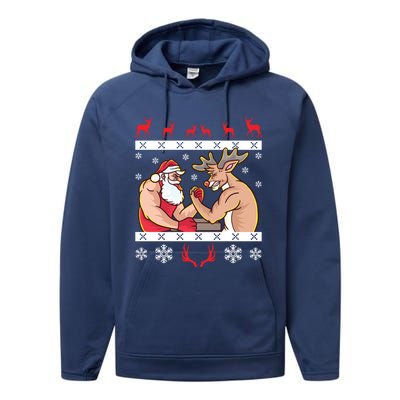 Santa Claus And Reindeer Arm Wrestling Ugly Christmas Cute Gift Performance Fleece Hoodie