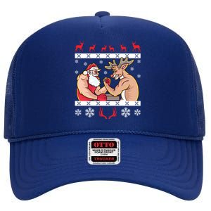 Santa Claus And Reindeer Arm Wrestling Ugly Christmas Cute Gift High Crown Mesh Back Trucker Hat