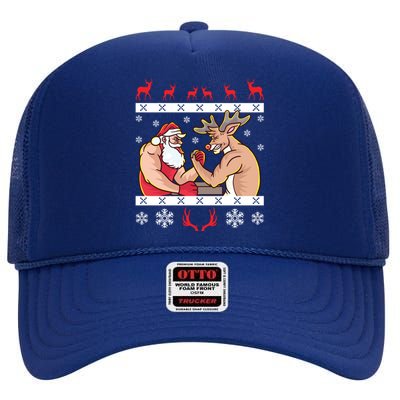 Santa Claus And Reindeer Arm Wrestling Ugly Christmas Cute Gift High Crown Mesh Back Trucker Hat