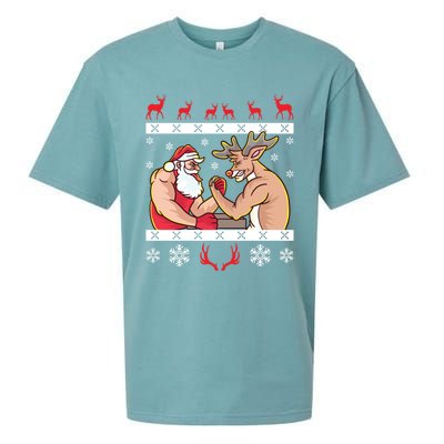 Santa Claus And Reindeer Arm Wrestling Ugly Christmas Cute Gift Sueded Cloud Jersey T-Shirt