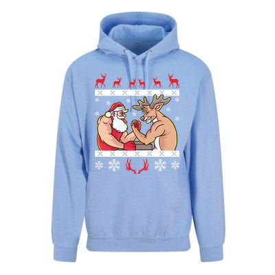 Santa Claus And Reindeer Arm Wrestling Ugly Christmas Cute Gift Unisex Surf Hoodie