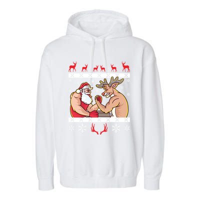 Santa Claus And Reindeer Arm Wrestling Ugly Christmas Cute Gift Garment-Dyed Fleece Hoodie