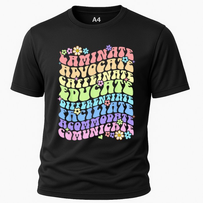 Sped Caffeinate Advocate Laminate Educate Groovy Teacher Cooling Performance Crew T-Shirt