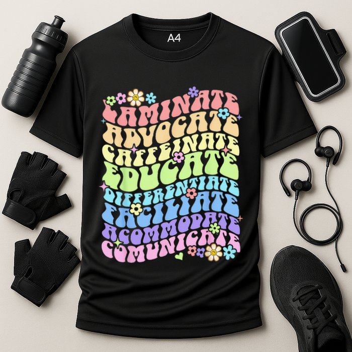 Sped Caffeinate Advocate Laminate Educate Groovy Teacher Cooling Performance Crew T-Shirt