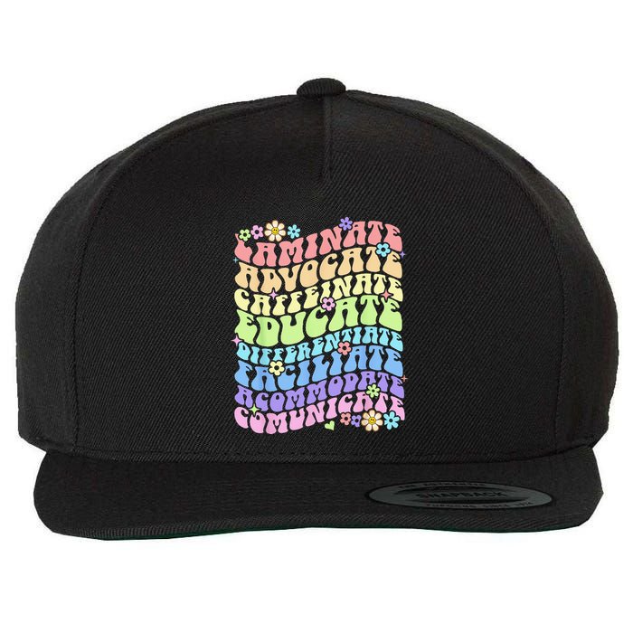 Sped Caffeinate Advocate Laminate Educate Groovy Teacher Wool Snapback Cap