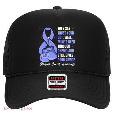 Stomach Cancer Awareness Warrior Periwinkle Ribbon High Crown Mesh Back Trucker Hat